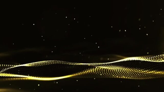 Glowing gold particles and gold particles wave animation background video. Abstract movement background, shining lights, energy waves and sparkling particles, capable of rotating.