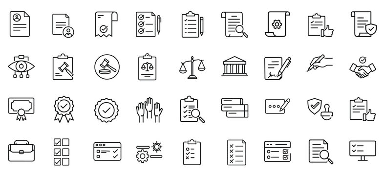 Legal system certification official document web line icons set operational rule quality assurance seal ribbon briefcase gavel courthouse agreement verification & more with editable stroke