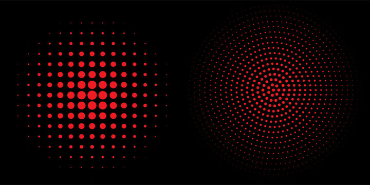 Collection of red halftone backgrounds. Modern halftone dots vector, gradient circle set in comic Pop art style. Vector isolated on black dot pattern background. Dot circles ...