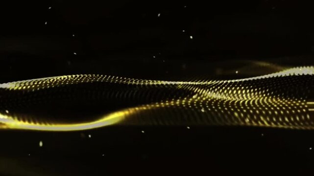 Glowing gold particles and gold particles wave animation background video. Abstract movement background, shining lights, energy waves and sparkling particles, capable of rotating.