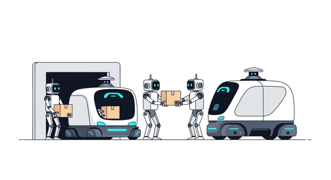 Autonomous delivery robots and smart vehicles handling packages for automated logistics and smart warehouse technology. Futuristic AI transport system flat vector illustration.