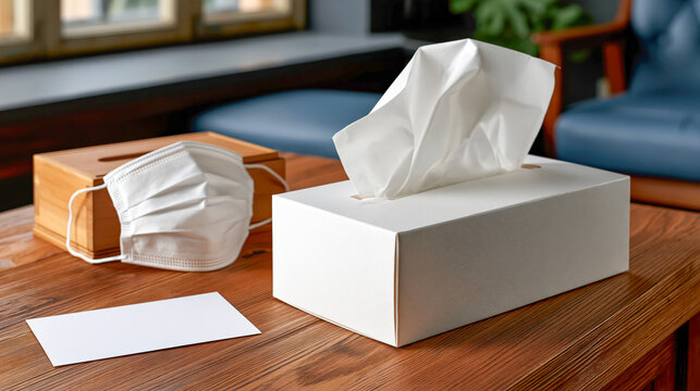 Desk setup with tissue box and face mask on wooden table