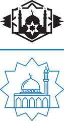 Naklejka premium Islamic mosque icons with dome minaret and crescent moon in black silhouette and blue line art vector for religious celebration and cultural design