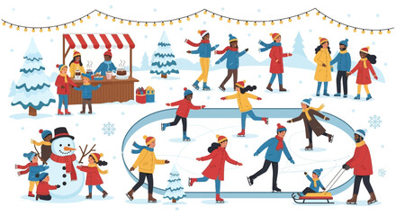 Fototapeta premium Winter wonderland scene with people ice skating and enjoying outdoor activities.