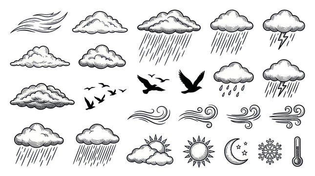 Hand-drawn weather icons: clouds, rain, sun, wind, lightning, birds, snowflake, moon