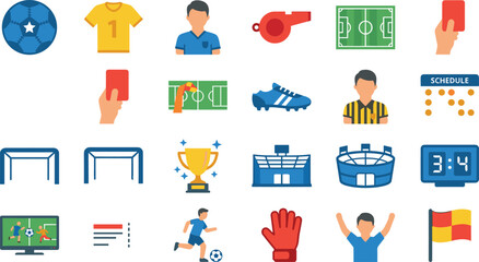 Fototapeta premium Colorful Flat Soccer Football Tournament Icon Set with Ball Jersey Player Whistle Field Stadium Referee Trophy Scoreboard Broadcast and Penalty Card Vector