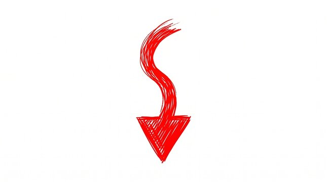 Hand-drawn red arrow pointing downward with a sketchy, textured design, isolated on a solid white background.
