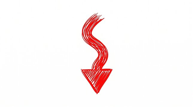 Hand-drawn red arrow pointing downward with a sketchy, textured design, isolated on a solid white background.