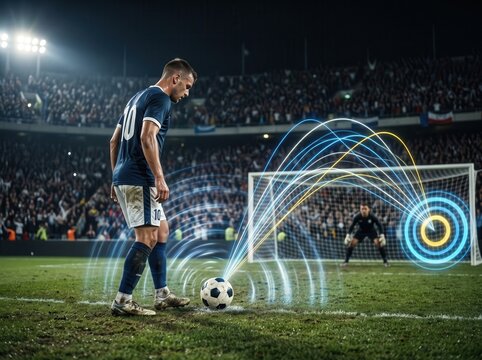 A tense moment in a football match as a player prepares to take a penalty kick, surrounded by a cheering crowd.