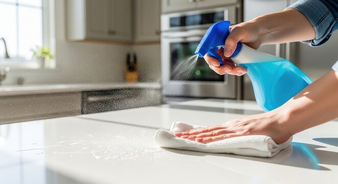 Person cleaning white kitchen countertop with blue spray bottle and microfiber cloth wiping surface to remove dirt during domestic chore or household sanitizing duty.