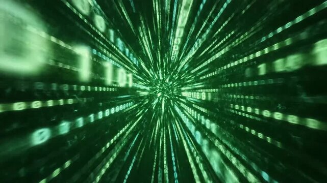 Abstract green binary code tunnel with glowing digital data stream