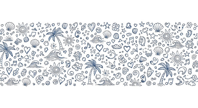 Summer vacation icons, beach symbols, palm tree graphics, travel doodles, blue illustrations