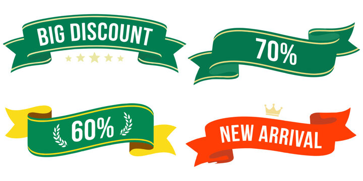 Four colorful discount ribbons and banners for sales promotions
