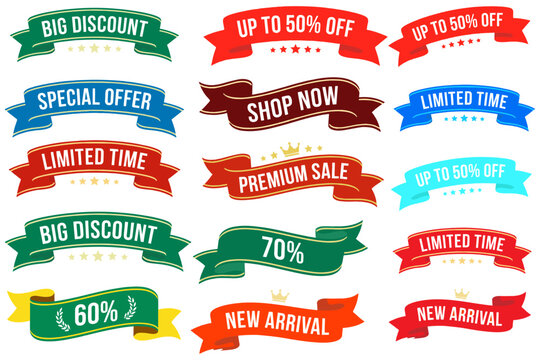 Collection of colorful sale ribbons and banners for promotions and marketing campaigns