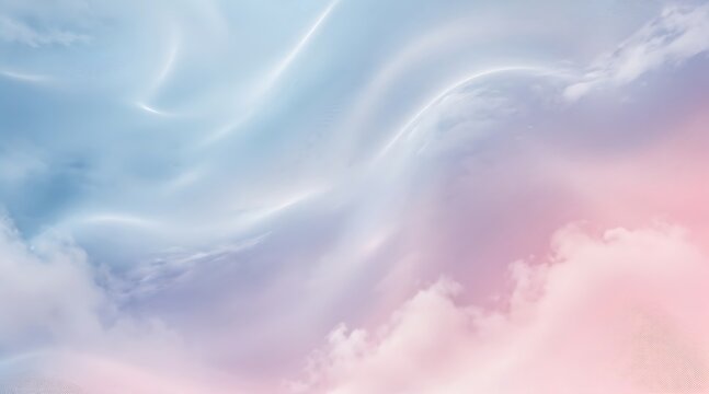 The serene sky showcases soft pastel clouds drifting lazily under gentle blue and pink hues.