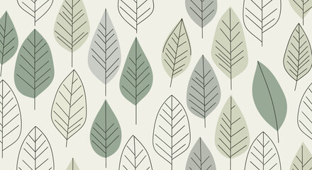 Seamless Pattern of Stylized Leaves in Muted Green and Gray Tones © ragil