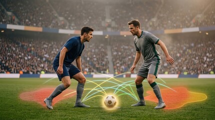 Naklejka premium Dynamic soccer match between two players in a stadium, with energy and competition evident in the atmosphere.