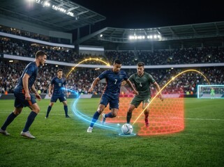 Fototapeta premium Dynamic soccer match showcasing players' skills in an energetic stadium environment, perfect for sports enthusiasts.