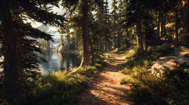 Peaceful forest hiking trail leading toward a mountain lake during golden hour sunlight