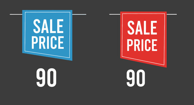Two Sale Price Tags with Number 90, Blue and Red, Isolated on Dark Background