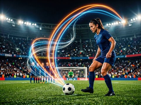 Dynamic soccer scene with a female athlete poised to take a powerful shot, electrifying atmosphere in a packed stadium.