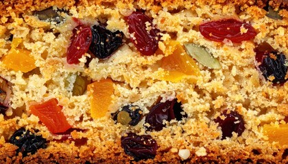 Close-up texture shot of a dense fruitcake's crumb, showcasing dried fruits and nuts.
