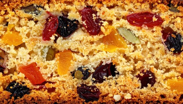 Close-up texture shot of a dense fruitcake's crumb, showcasing dried fruits and nuts.