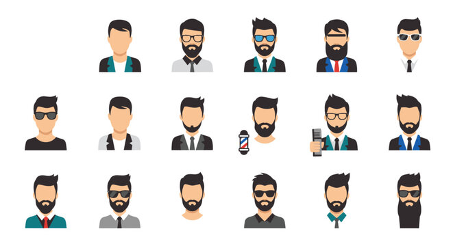 Selection of male character avatars showing diverse hairstyles beard types and glasses styles for social media profiles or barber shop catalogs.