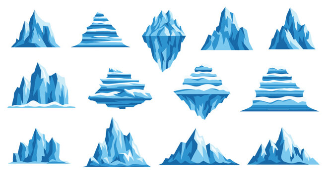 Large variety of blue iceberg shapes and sizes floating in water depicting arctic environments and global warming impacts on polar ice caps.