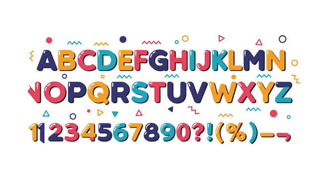 Playful bubble font alphabet featuring uppercase letters numbers and symbols in vibrant colors with decorative geometric elements for child friendly design.