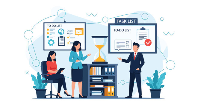Team of business professionals working together in an office on tasks and to do lists with a large central hourglass symbolizing time management.