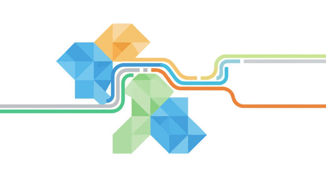 Abstract Geometric Network Background with Colorful Triangular Polygons and Flowing Lines Representing Data Connectivity, Technology Infrastructure, and Digital Planning