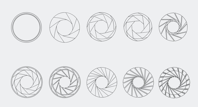 Technical diagrams of camera shutter aperture blades at various openings from fully open to closed for photography and optics education.
