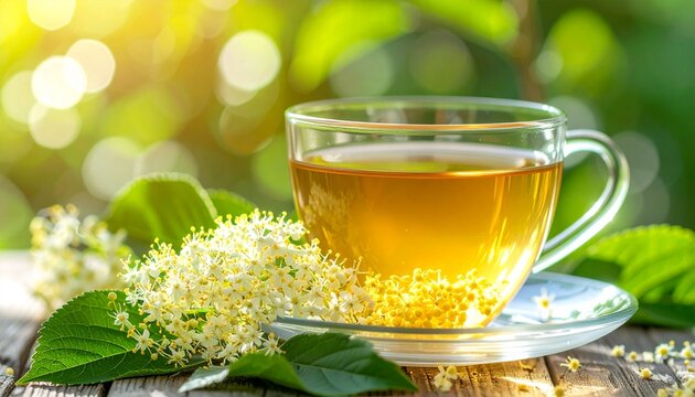 Duftender Holunderbl&uuml;tentee mit frischen Bl&uuml;ten