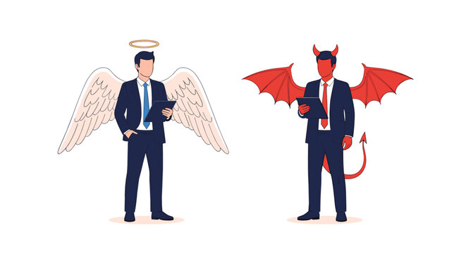 Illustration of a businessman depicted as an angel with wings and a halo and another as a devil with horns wings and a pointed tail.