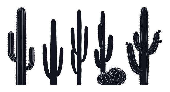 Collection of stylized black silhouettes of various desert cactus plants including saguaro and barrel cacti on a plain white background.