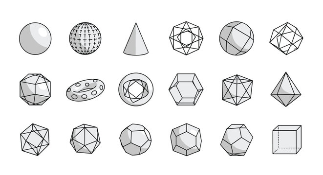 Set of eighteen different three dimensional geometric polyhedral shapes including spheres cones cubes and complex polygons on white.