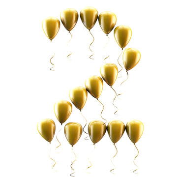 Globo dorado con el n&uacute;mero 2, aislado sobre fondo blanco para fiesta de cumplea&ntilde;os. Ilustraci&oacute;n 3D. Globo dorado met&aacute;lico con forma de n&uacute;mero dos.Decoraci&oacute;n para la celebraci&oacute;n del segundo aniversario