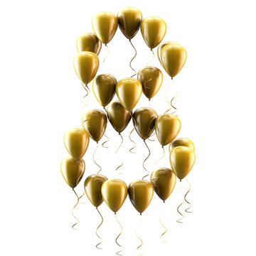 Globos dorados grandes con el n&uacute;mero 8 sobre fondo blanco para eventos de lujo. Grandes globos dorados brillantes que forman el n&uacute;mero ocho. Decoraci&oacute;n de lujo para el octavo aniversario o cumplea&ntilde;os.