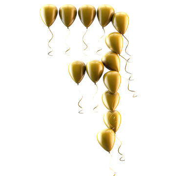 Globos dorados con el n&uacute;mero 7, aislados en blanco, ideales para celebrar la buena suerte. Globos dorados met&aacute;licos brillantes con forma del n&uacute;mero siete. Decoraci&oacute;n para fiestas 