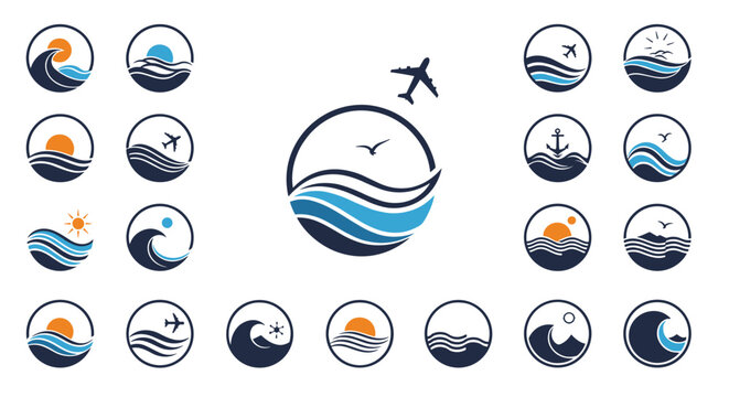 Set of twenty five stylized ocean wave and sun icons in circular frames with nautical elements like seagulls airplanes and anchors for travel.