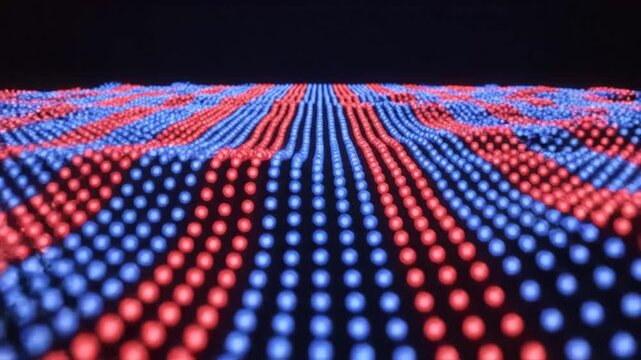 Abstract grid of glowing blue and red LED dots.