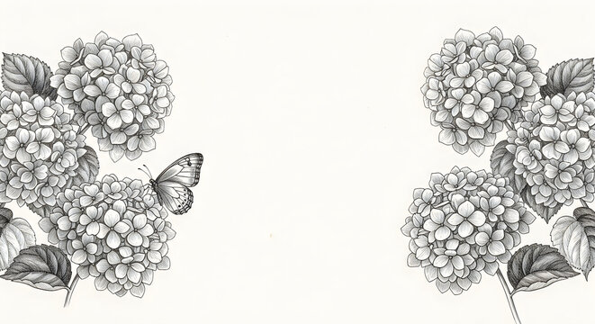 Black and white floral border, hydrangea flowers, butterfly illustration, botanical design element