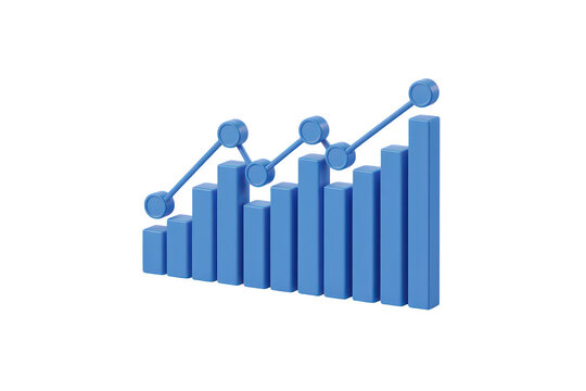 A3d blue bar chart with a rising line graph showing growth and success, rendered as a clean isolated against a solid black background