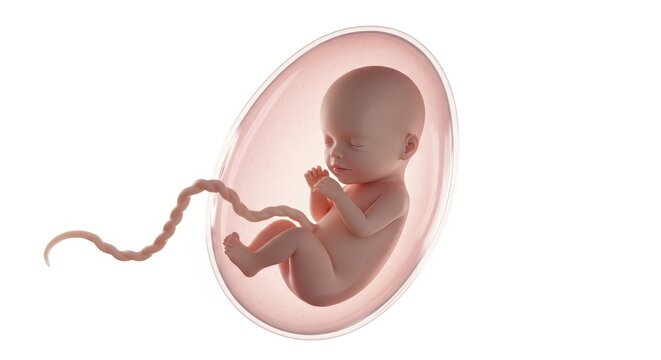 3D Medical Illustration of a Human Fetus in the Amniotic Sac with Umbilical Cord Isolated on White Background