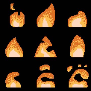 fire animation with simple pixel art style frame by frame with background transparent, here for the png sequence and spreadsheet file https://voxtacord.itch.io/fire-pixels