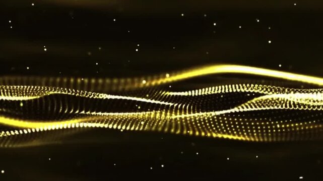 Glowing gold particles and gold particles wave animation background video. Abstract movement background, shining lights, energy waves and sparkling particles, capable of rotating.