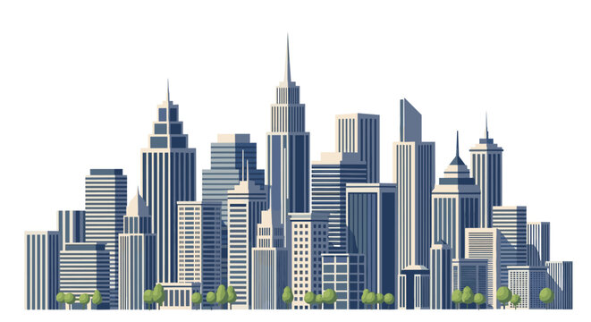 Dense urban skyline panorama featuring many tall modern skyscrapers and office buildings with small green trees at the base on a white background.