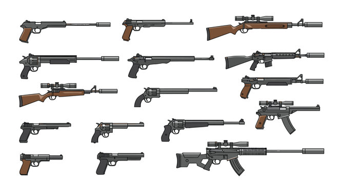 Comprehensive set of various firearms including handguns, revolvers, rifles, and sniper rifles with scopes and silencers for tactical operations.