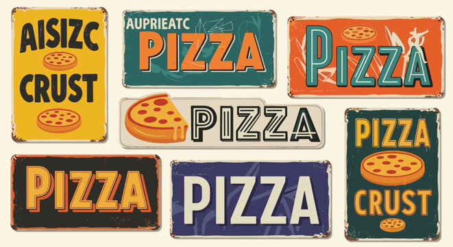 Assorted collection of retro style pizza metal signs featuring various colors and graphic designs for pizzeria decor and advertising.